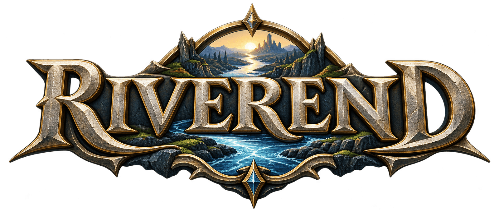 Riverend — carved stone and gold lettering over a river running to a castle at sunset